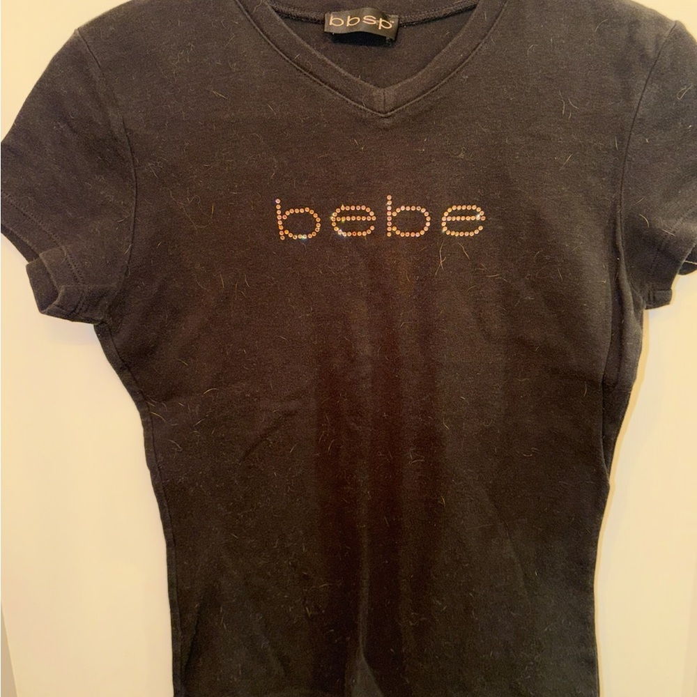 Bebe Charcoal V-Neck Tee with Rhinestone Logo